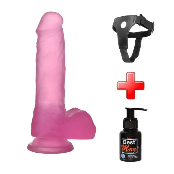 17,5 cm Belden Bağlamalı Şeffaf Realistik Damarlı Vantuzlu Pembe Dildo - vomentrend.com