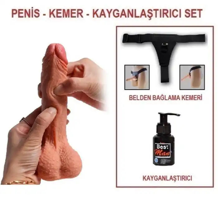 18,5 cm Belden Bağlamalı Çift Katmanlı Realistik Dildo Penis Set - vomentrend.com