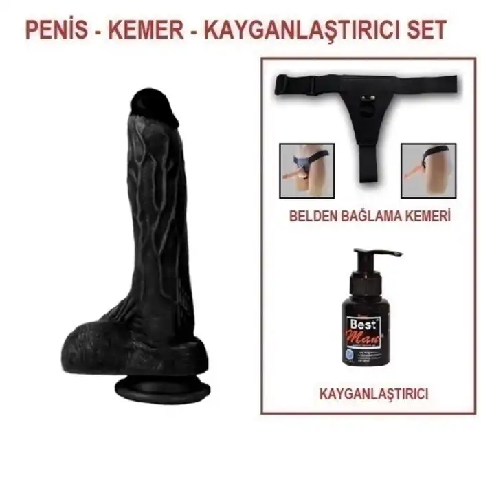 20,5 cm Belden Bağlamalı Realistik Dildo Zenci Penis Set - vomentrend.com