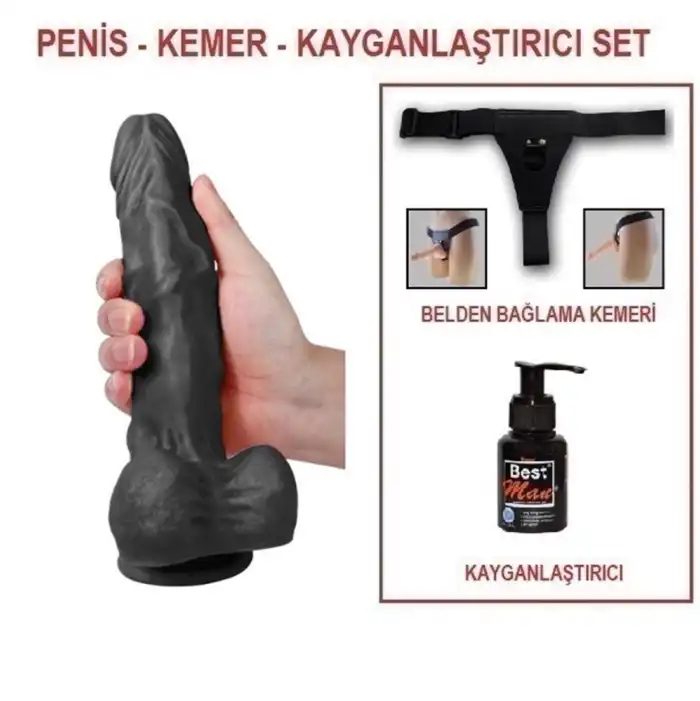 23,5 cm Belden Bağlamalı Realistik Dildo Zenci Penis Set - vomentrend.com