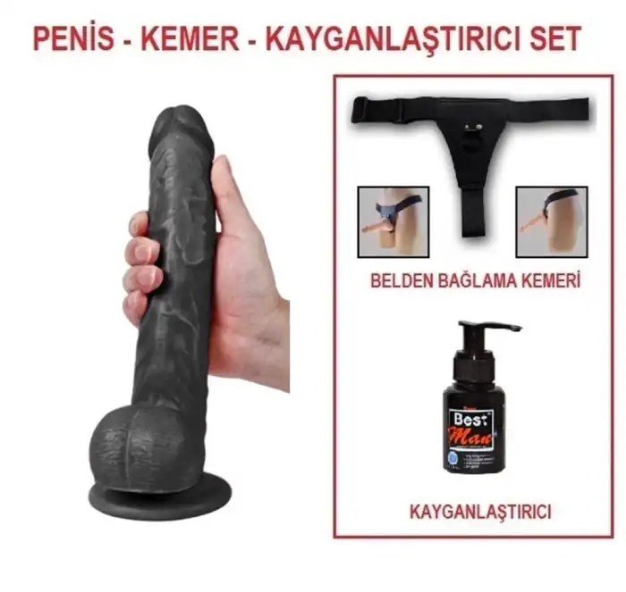 28 cm Belden Bağlamalı Realistik Dildo Zenci Penis Set - vomentrend.com