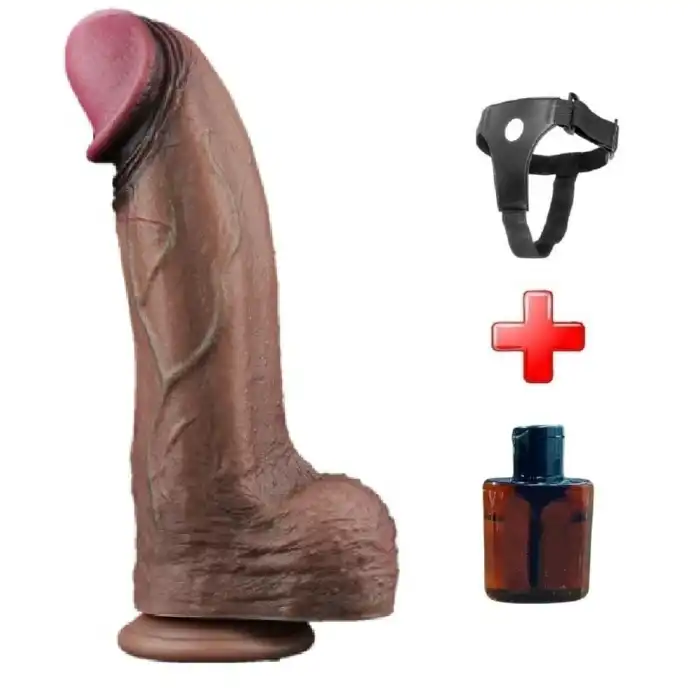 Belden Bağlamalı Yeni Nesil Çift Katmanlı 33 cm Dev Melez Dildo - vomentrend.com